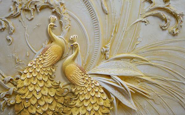 پوستر دیواری سه بعدی طاووس های گچی طلایی
