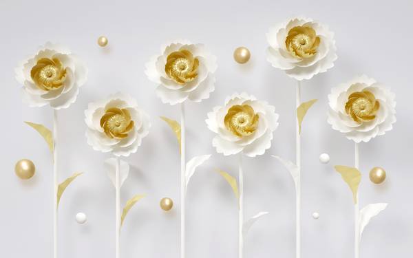 پوستر دیواری سه بعدی گل های طلایی و سفید خاص فانتزی