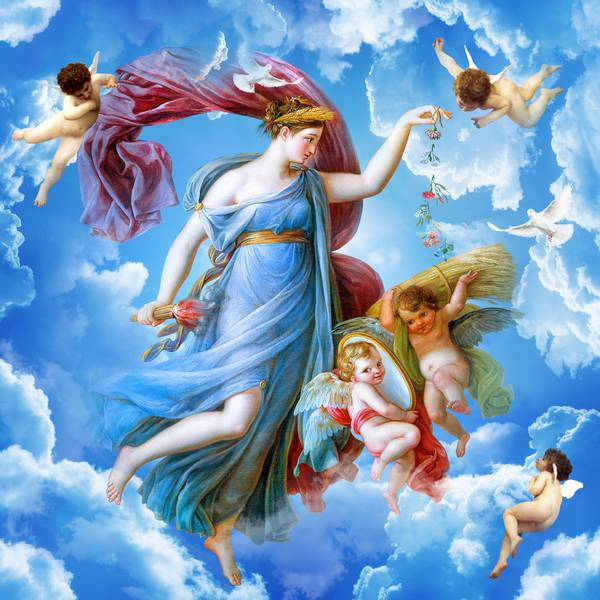 پوستر دیواری سه بعدی الهه و فرشتگان اطرافش روی ابر ها