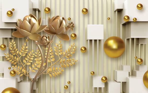 پوستر دیواری سه بعدی گل های بژ و گوی های طلایی و مربع عای سفید پس زمینه