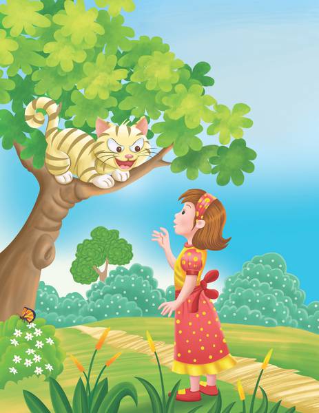 نقاشی آلیس و گربه بالای درخت در سرزمین عجایب