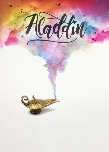 اسم انگلیسی علاءالدین به همراه ابر و باد رنگی بیرون امده از چراغ جادو