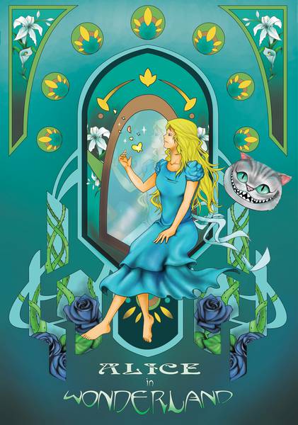 پوستر کارتون آلیس در سرزمین عجایب و اسم کارتون با پس زمینه آبی