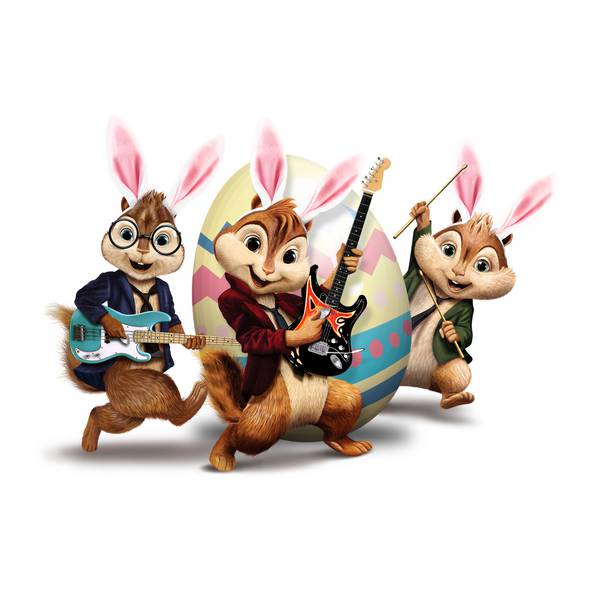 سه شخصیت کارتون آلوین و سنجاب ها در حال گیتار زدن و لباس خرگوشی