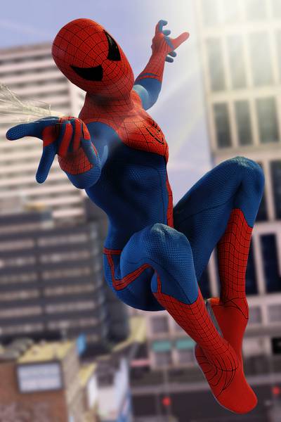 مرد عنکبوتی در حال تار زدن به ساختمان ها در شهر
