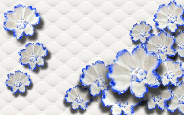 پوستر دیواری سه بعدی گل های سفید دور آبی