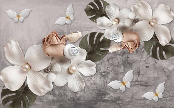 پوستر دیواری سه بعدی گل های هلندی سفید در پس زمینه طوسی