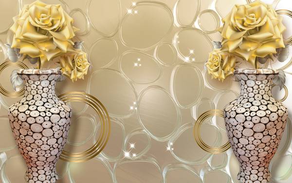 پوستر دیواری سه بعدی گل های طلایی زیبا در گدان های شیشه ای