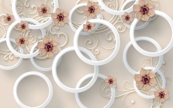 پوستر دیواری سه بعدی دایره های سفید و گل های ریز صورتی