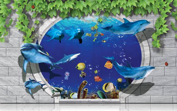 پوستر دیواری سه بعدی نهنگ های فانتزی در دایره و برگ ها