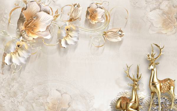 پوستر دیواری سه بعدی گل های سفید طلایی و گوزن های طلایی