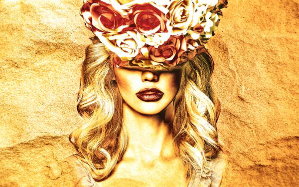 پوستر دیواری سه بعدی چهره نقاشی قدیمی زن با گل های روی کلاه