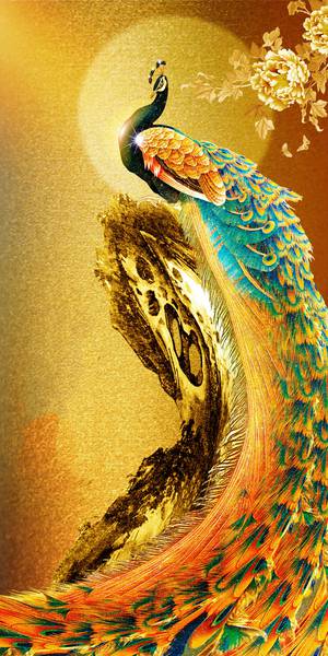 پوستر دیواری سه بعدی طاووس در پس زمینه طلایی