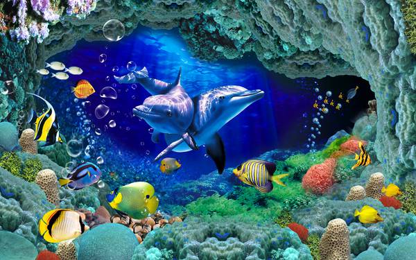 پوستر دیواری سه بعدی زیبا از اعماق دریا و ماهی های رنگی