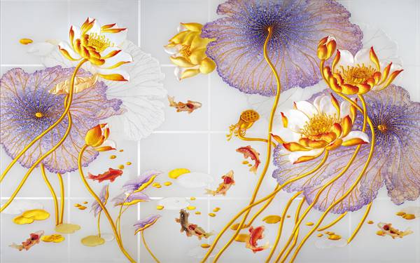 پوستر دیواری سه بعدی گل های هلندی بنفش و ساقه های طلایی