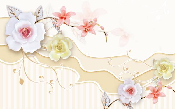 پوستر دیواری سه بعدی گل های سفید و صورتی و زد در پس زمینه طرح دار