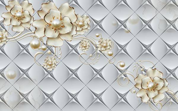 پوستر دیواری سه بعدی گل های طلایی  و پس زمینه سفید
