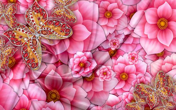 پوستر دیواری سه بعدی گل های صورتی زیبا و پروانه