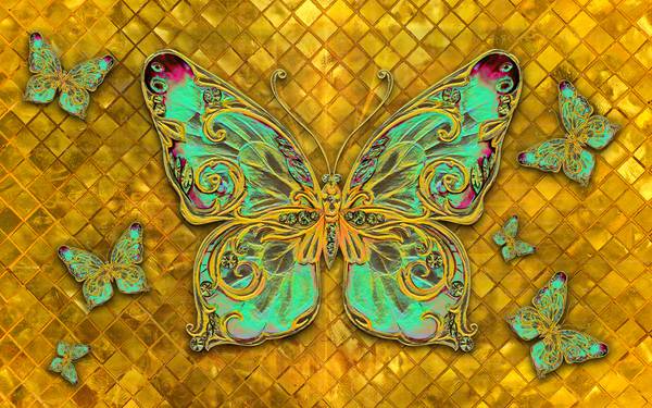 پوستر دیواری سه بعدی پروانه های سبز در پس زمینه طلایی