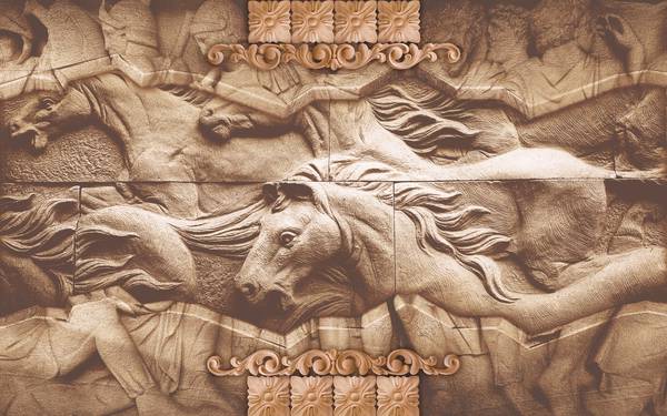 پوستر دیواری سه بعدی حکاکی رو دیوار از اسب ها