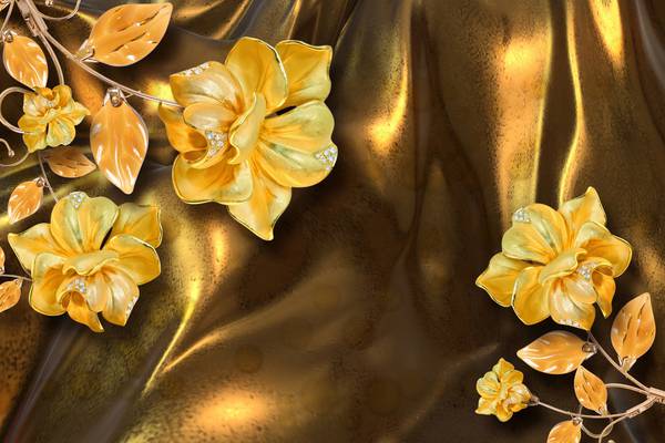 پوستر دیواری سه بعدی گل های هلندی طلایی و پس زمینه بژ