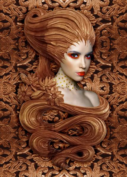پوستر دیواری سه بعدی زن با طرح موهای قهوه ای چوب