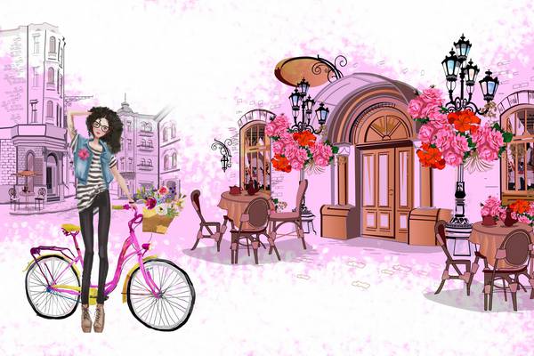 پوستر دیواری سه بعدی نقاشی دختر با دوچرخه رو به روی کافی شاپ