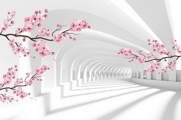پوستر دیواری سه بعدی شکوفه های صورتی در تونل سفید
