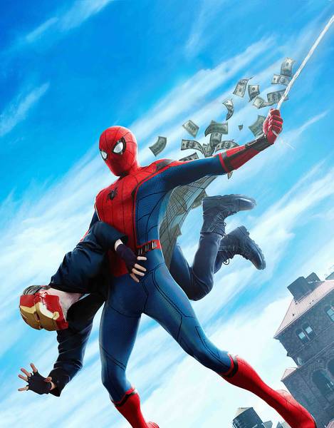 مرد عنکبوتی در حال نجات یک مرد و تار زدن رو به بالا