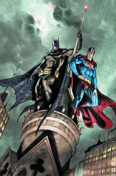 تصویر کارتونی بتمن و سوپرمن بالای برج