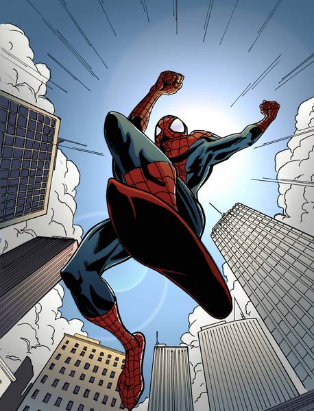مرد عنکبوتی کارتونی در حال پریدن از ساختمان ها