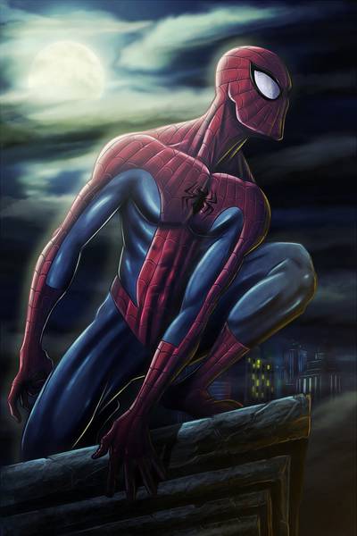مرد عنکبوتی بالای ساختمان و زیر نور مهتاب