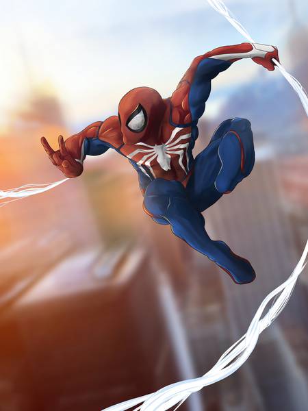 مرد عنکبوتی در حال حرکت با تار در بین ساختمان ها