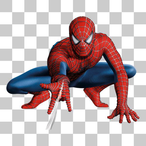 مرد عنکبوتی نشسته در حال تار زدن در پس زمینه شفاف