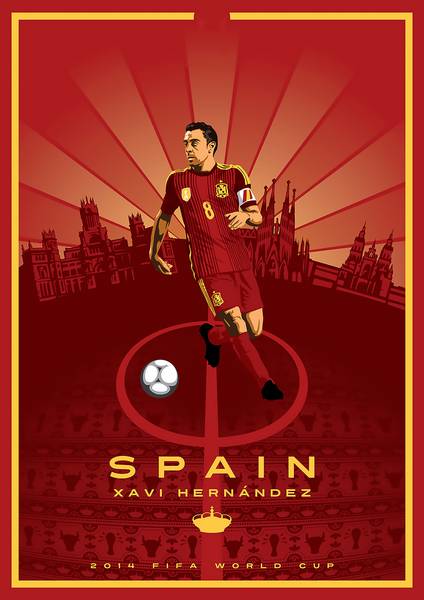 یکی از بازیکنان اسپانیا در پوستر عمودی قرمز در حال توپ زدن