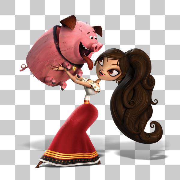 دختربچه درحال بازی با خوک کوچک در پس زمینه شفاف