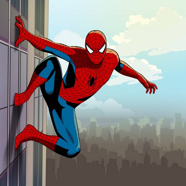 تصویر کارتونی مرد عنکبوتی چسبیده به ساختمان از کنار