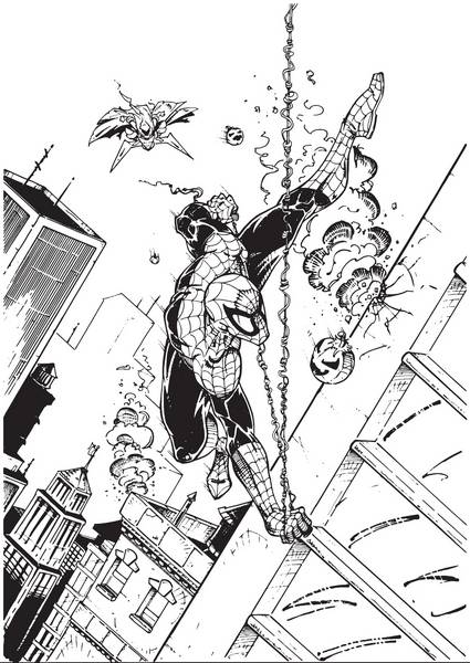مرد عنکبوتی ساه و سفید در حال جنگیدن با دشمنان در شهر
