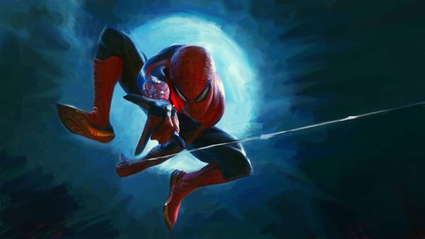 مرد عنکبوتی در حال پریدن با تار در جلوی ماه