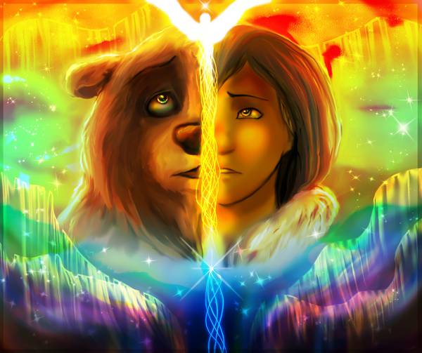 تصویر دو بخش شده از دختر بچه و خرس مربوط به کارتون خرس برادر