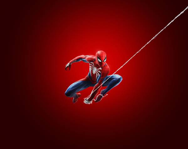 مرد عنکبوتی در حال تار زدن در پس زمینه قرمز