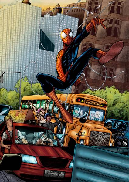 تصویر کارتونی مرد عنکبوتی در حال تار زدن روی ماشین ها