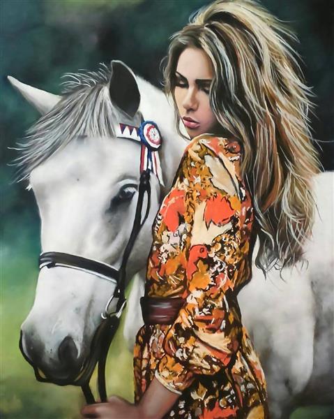 دختری با موهای باز و اسب سفید نقاشی پاستل