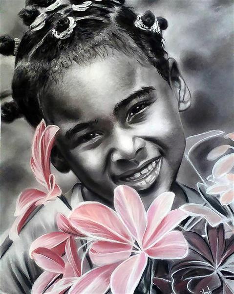 دختر سیاه پوست با گل های صورتی نقاشی با سیاه قلم