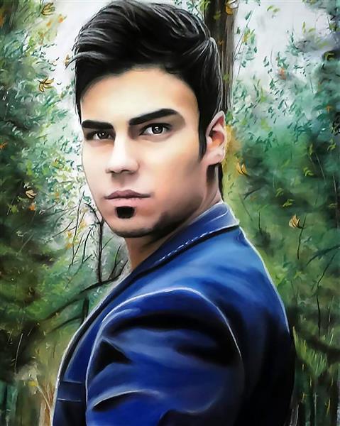 نقاشی مرد جوانی در جنگل