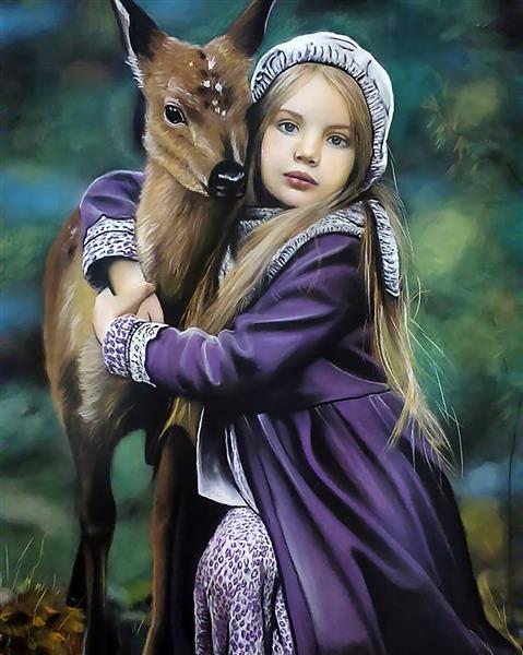 دختر بچه ای با کره اسب نقاشی پاستل