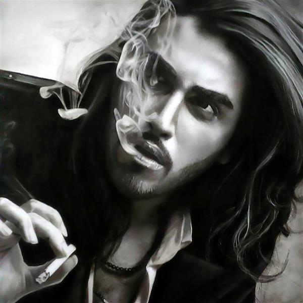 نقاشی مرد جوان و دود سیگار به سبک سیاه قلم