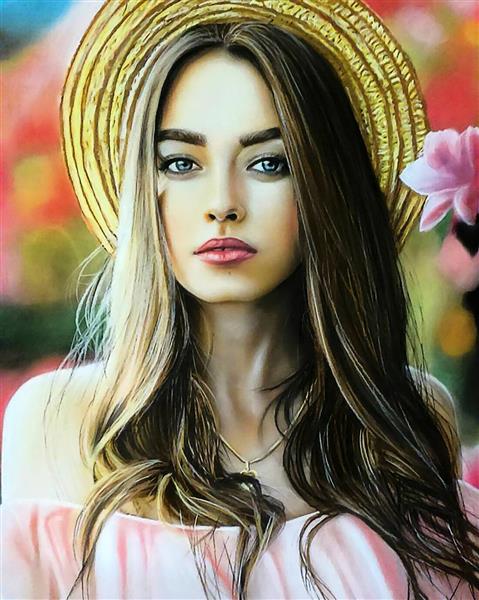 دختری زیبا با کلاه حصیری در بهار نقاشی هنری