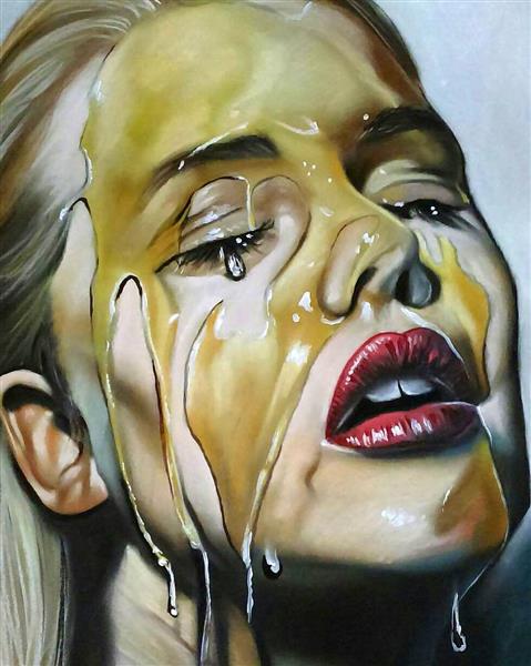 نقاشی چهره دختری با عسل به سبک هایپر رئال با پاستل