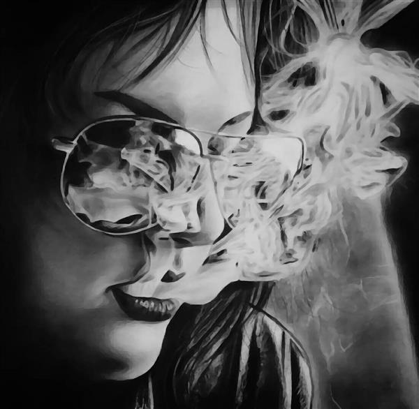 نقاشی سیاه قلم چهره دختری با عینک دودی غرق در دود
